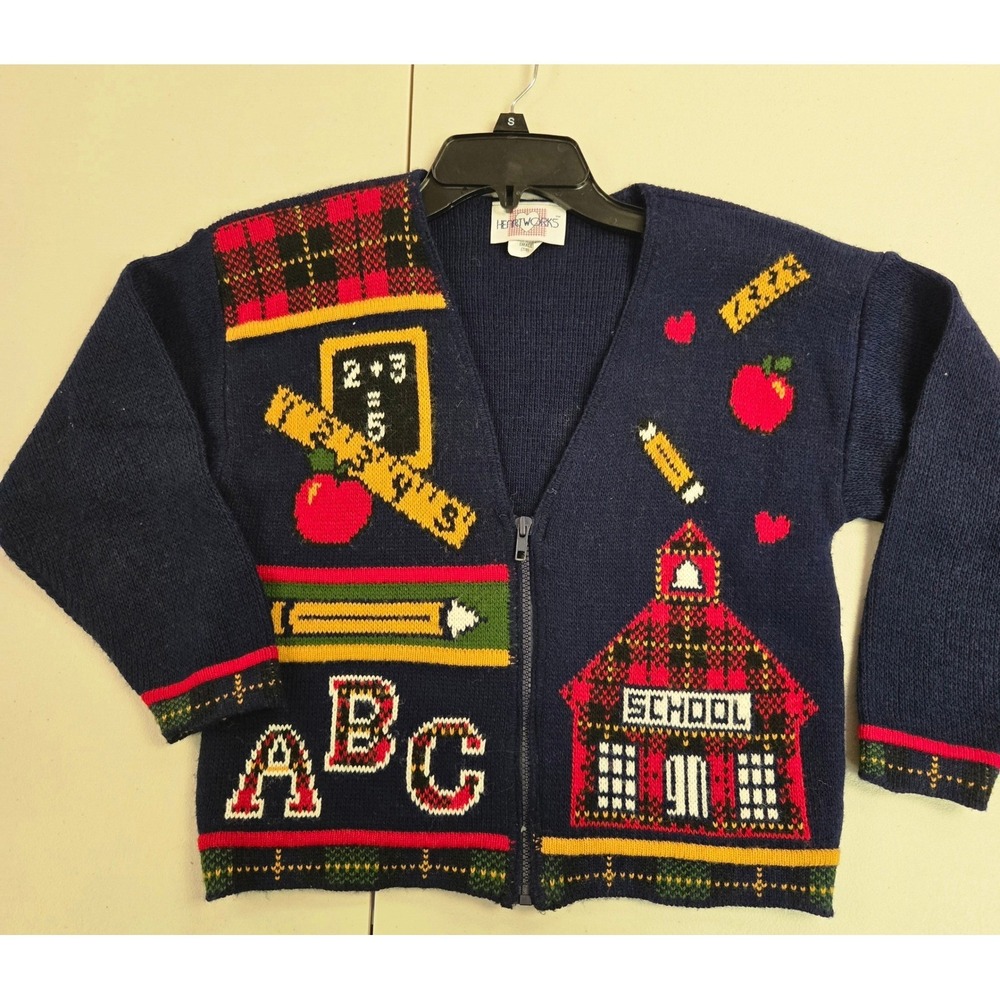Heartworks Vintage Kids School Zip Up Cardigan Navy Blue Small 7/8 USA Made